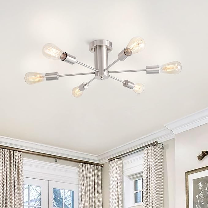 Kitchen Light Fixtures 6 Lights Ceiling Lights Fixture Nickel Modern Semi Flush Mount Lighting Sputnik Chandelier for Bedroom Dining Room Hallway