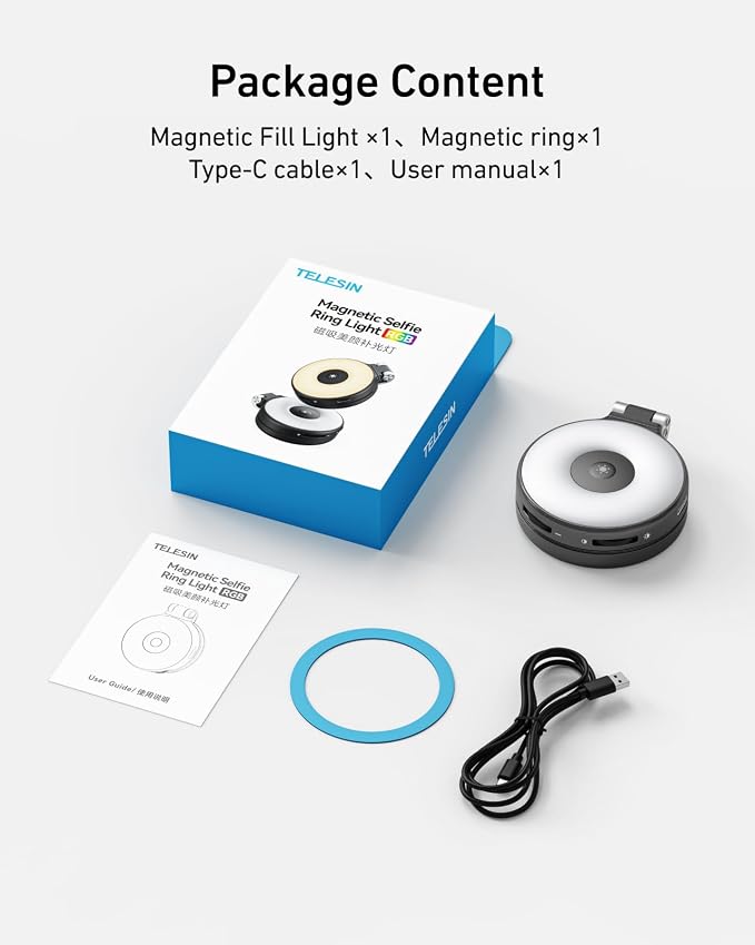 TELESIN Upgraded 4-in-1 Magnetic RGB Selfie Ring Light with Mirror & Phone Stand, Rechargeable Portable Clip On Fill Light for iPhone Samsung TikTok, Vlogging, Makeup, Photography, Streaming (Black)