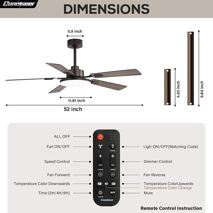 Conciseer 52 Inch Ceiling Fans with Lights and Remote for Bedroom Living Room Kitchen Office, Indoor/Outdoor Use, 6CCT Dimmable, 5 Blades 6 Speed Reversible Quiet DC Motor, Brown/Wood Grain
