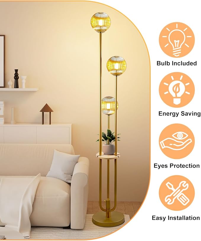 Lightdot Amber Glass Floor Lamp with Shelf 63IN Dimmable Mid Century Modern Gold Standing Lamps 3000K Bulbs Included Globe Floor Lamp with 5Lbs Heavy Base for Living Room/Wedding/Sofa Beside/Corner