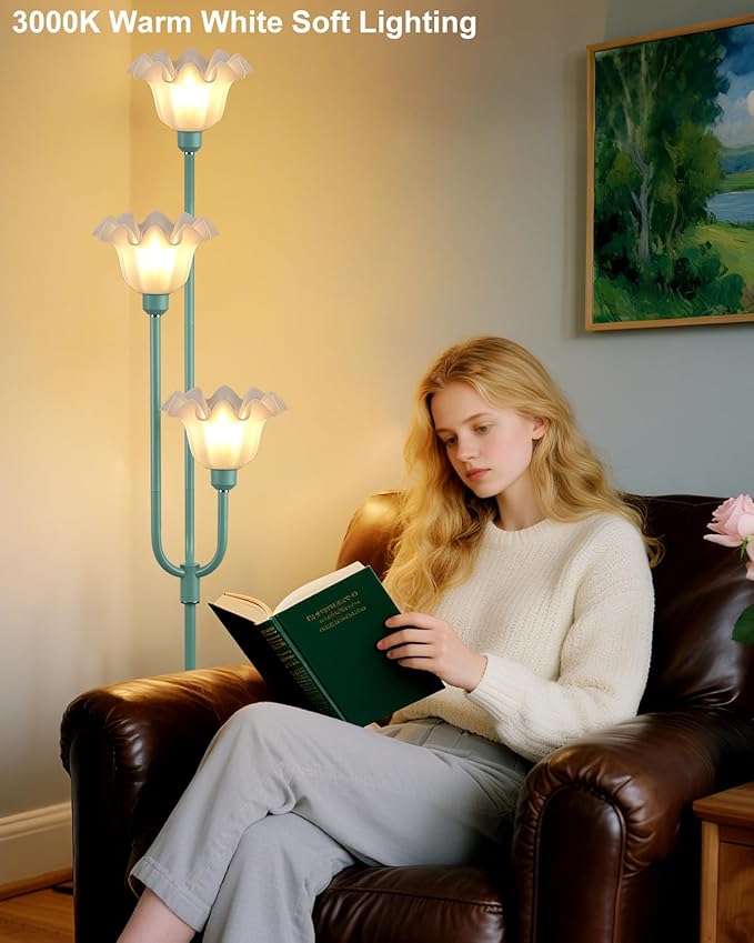 66 Inch Flower Green Floor Lamp for Living Room Bedroom Office, 3-Light Mid Century Standing Lamp with 3000K Warm White LED Bulbs, Vintage Floral Lamp with Heavy Stable Base & Foot Switch