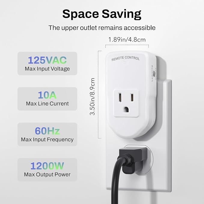 BN-LINK Wireless Remote Control Outlet Electrical Switch for Lights, Fans, Christmas Lights, Small Appliance, 100ft Long Range White (Learning Code, 5Rx-2Tx) 1200W/10A, ETL & FCC Certified