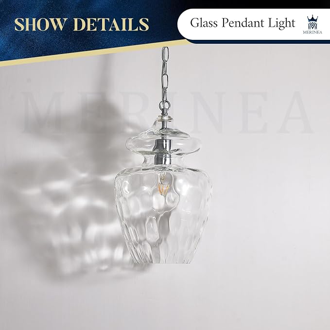 Chrome Hammered Glass Pendant Light for Kitchen Island, 9" Modern Hanging Lighting Fixture for Kitchen Sink Dining Room Entryway Hallway Bedroom, E26 Base