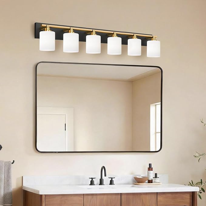 Black and Gold Bathroom Light Fixture, Modern 6 Light Vanity Lights for Bathroom Lighting Fixtures Over Mirror, White Glass Lampshade, Master & Guest bathrooms Bathroom Remodel, 43-inch