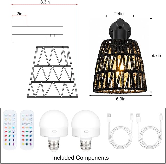 Black Battery Operated Wall Sconces Set of 2, Rattan Wall Sconces with Remote, RGB 15 Colors Dimmable Rechargeable Wall Light, Indoor Wireless Wall Lamp for Bedroom