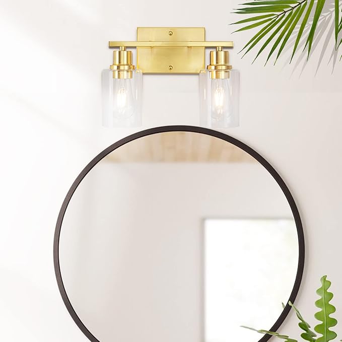 2-Lights Gold Bathroom Light Fixture, Brushed Brass Vanity Light with Clear Glass Shade, Modern Bath Wall Lights for Living Room, Hallway, Bedroom