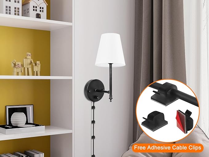 14.1 inch Wall Sconces Set of Two with Remote Control, Dimmable, Adjustable Colors 2700-6500K, Plug in Wall Sconces with White Fabric Shades, Plug in Wall Light, Black