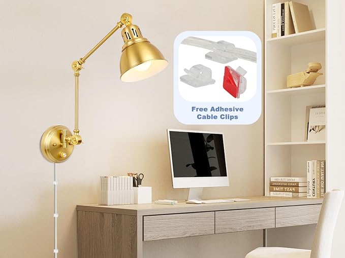 1 Pack Plug in Wall Sconce with Remote, Dimmable, Adjustable Colors, Swing Arm Wall Lamp, Plug in Wall Light with Timer & Night Light (Gold, with Bulb+Remote)