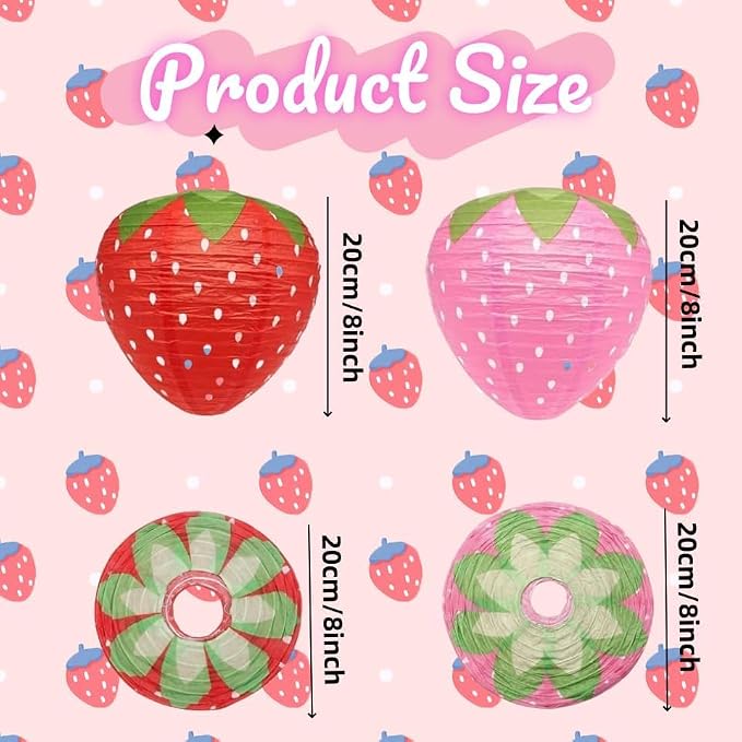 8PCS Strawberry Paper Lanterns, Strawberry Hanging Paper Lantern Decorations Strawberry Decoration Hanging for Room Birthday Party Wedding Garden Decor - 8 Inch Pink