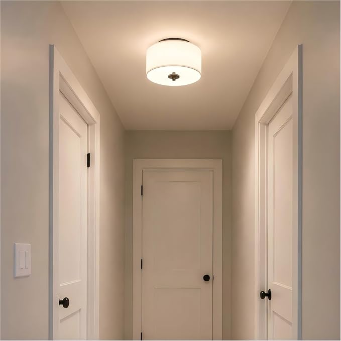 2-Light Flush Mount Ceiling Light Fixture, 12” Modern Close to Ceiling Light with White Fabric Drum Shade, Round Ceiling Light for Bedroom Hallway Living Room Bathroom Dining Kitchen | Modern Close to Ceiling Light,White fabric shade,E26,Great for comp...