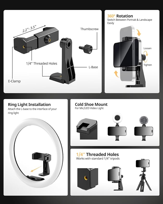UBeesize 12" Ring Light with 62" Tripod Stand, Phone Holder & Remote | 3 Color Modes, 10 Brightness Levels, 180° Tilt, 360° Rotation, Cold Shoe, 1/4" Mount, Fits 2.2–3.5 in phones