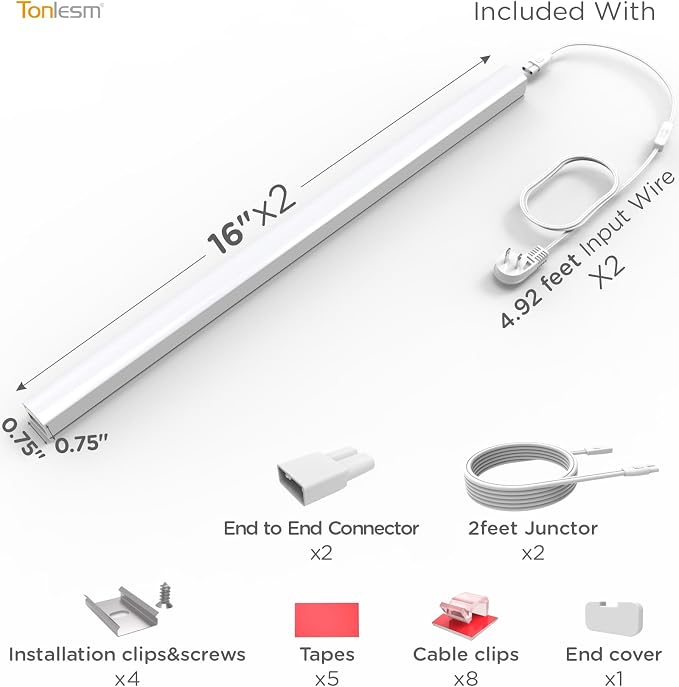 Under Cabinet Lighting Plug in AC120V 3CCT 3000/4000/5000K,Super Bright,Linkable Under Counter Lights for Kitchen,Ultra Slim LED Cabinet Light for Closet,Shelf,Sink,ETL Listed(16inch,White,2Pack)
