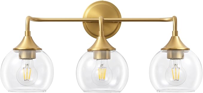 Gold Bathroom Light Fixtures 3-Light Farmhouse Vanity Light 22" | Modern Vanity Lighting Fixtures Over Mirror, Thickened Clear Glass Shade, UL E26 Dimmable