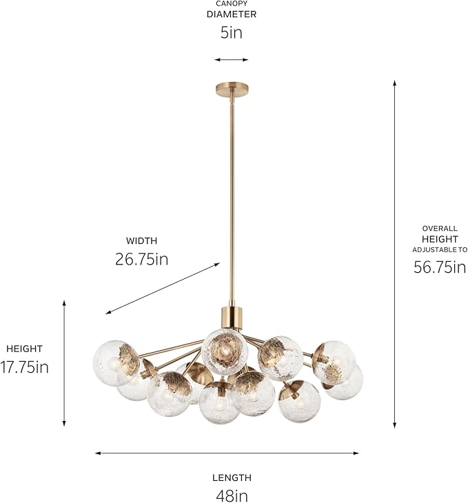Kichler Silvarious 12-Light Linear Convertible Chandelier, Soft Modern Light with Clear Crackled Glass in Champagne Bronze, for Dining Room or Living Room (17.75" x 26.75" x 48"), 52703CPZ