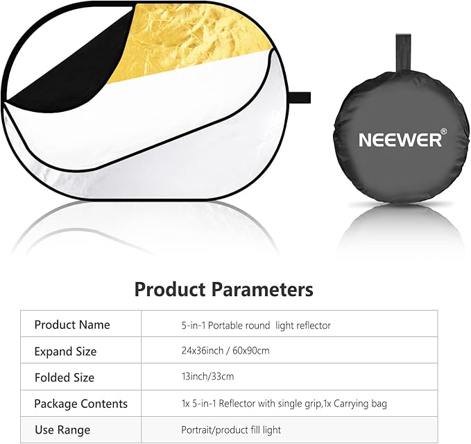 NEEWER 24"x36"/60x90cm Light Reflectors for Photography, Portable 5 in 1 Collapsible Multi Disc with Bag - Translucent, Silver, Gold, Black, White Diffuser for Studio and Outdoor Lighting