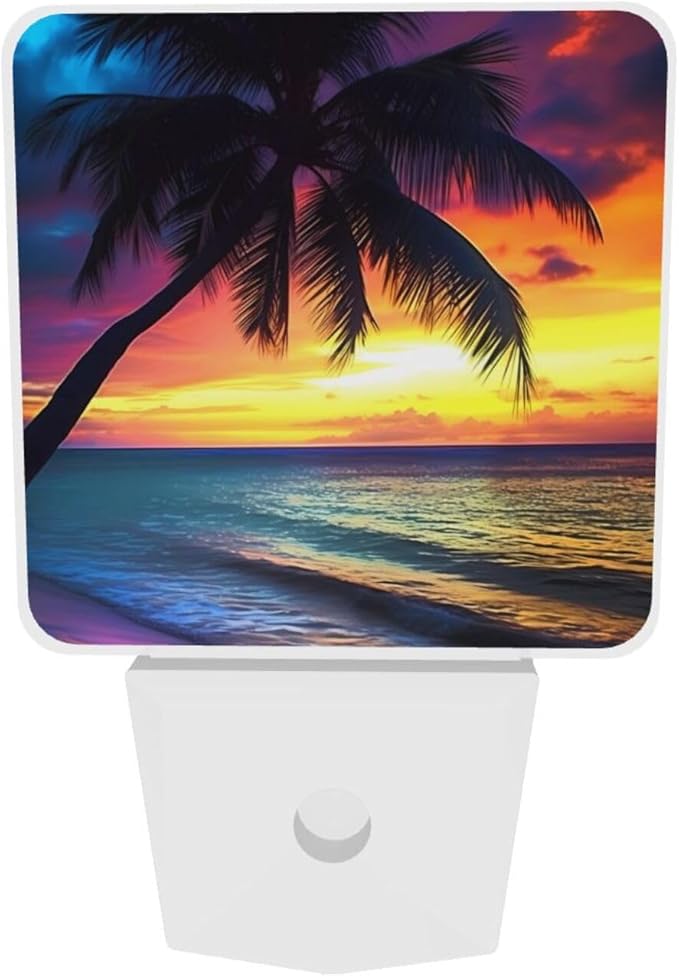 Sunset Beach Night Light Set of 2, Coconut Tree Auto Sensor LED Dusk-to-Dawn Nightlights, Plug-in Sensor Lamp for Bedroom Bathroom Kitchen Hallway Stairs Decorative