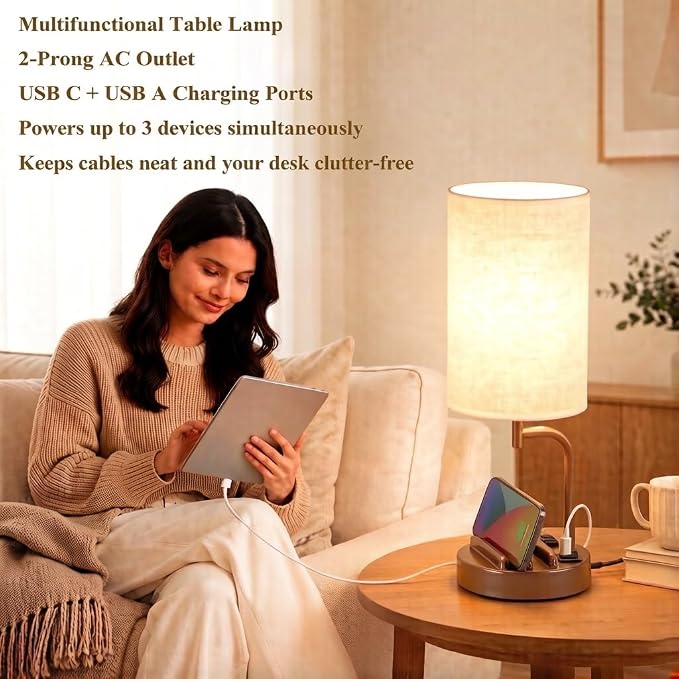 Dreamholder Touch Control USB Table Lamp with USB C/A & AC Outlet, 3-Way Dimmable Bedside Lamp, Modern Nightstand Lamps for Bedroom Living Room Guest Room Office, Bulb Included, Brown