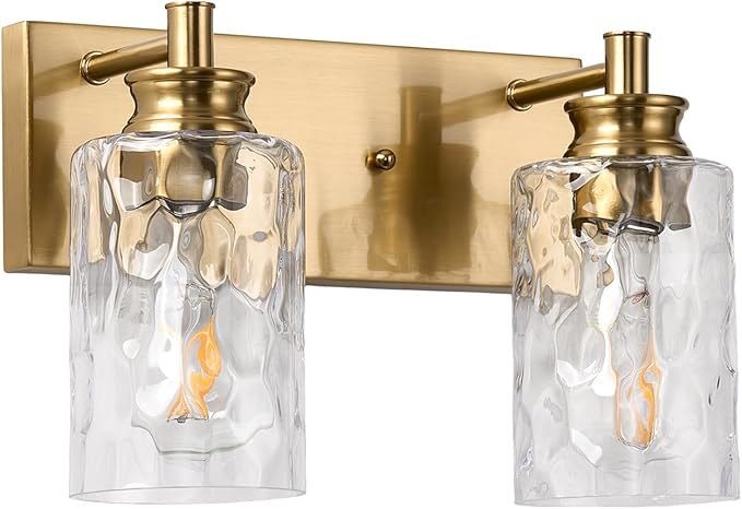 2 Light Bathroom Vanity Light Modern Brushed Gold Bathroom Light Fixtures Over Mirror with Hammered Glass Lampshade for Kitchen Hallway