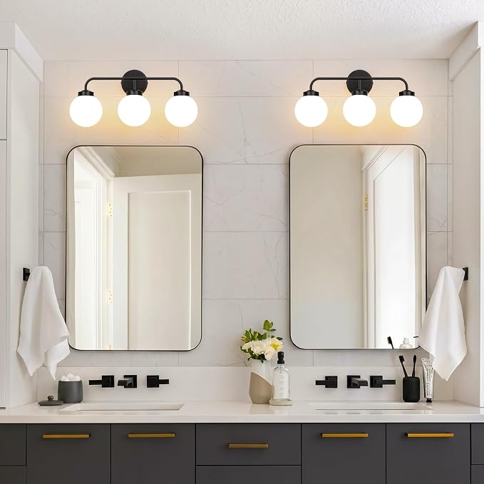 Modern Matte Black Bathroom Light Fixtures, 3-Light Vanity Lights Wall Sconce with Globe Milky White Glass Shade Over Mirror for Bathroom Hallway Living Room Bedroom