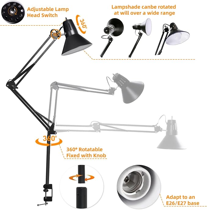 Black Desk Lamp with Clamp, Extra-Tall Adjustable Metal Swing Arm, 3000K | Manicurist Table Lamp for Nail Work, Drafting, Sewing, Crafting, College Dorm and Home Office, A19 Bulb Included