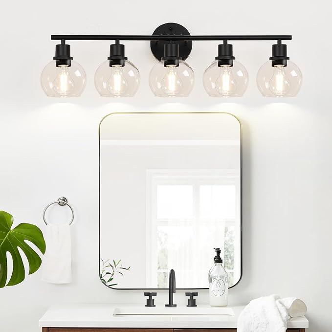5-Light Bathroom Light Fixture, Matte Black Vanity Light with Clear Glass Globe Shades, Modern Bathroom Lights Over Mirror, Wall Sconce Lighting for Bathroom, Bedroom, Hallway, Living Room, Porch