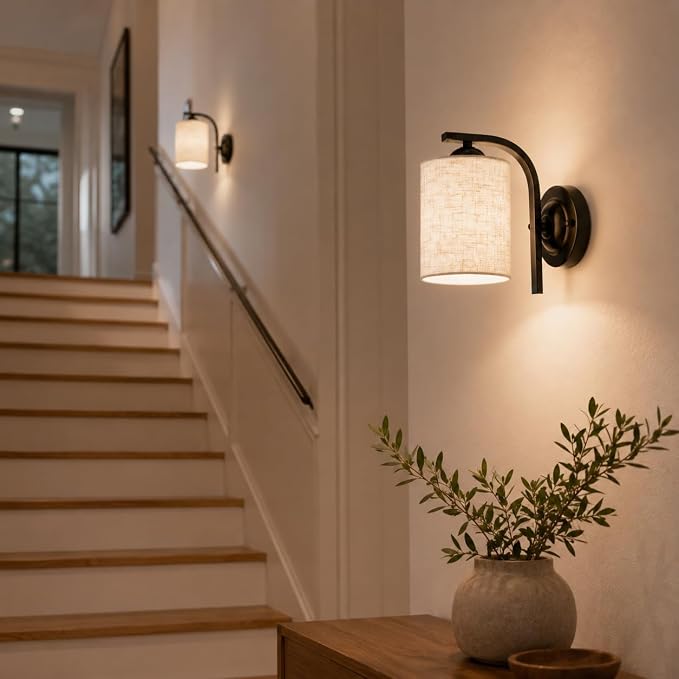 2-Pack Wall Sconces for Bedroom and Bathroom, Matte Black Farmhouse Wall Light Fixtures with Fabric Shade, Modern Vanity Wall Lamps for Living Room, Hallway, Kitchen