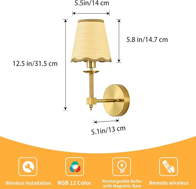 Boho Battery Operated Wall Sconce Set of 2, Medium Wireless Rechargeable Wall Lights with Rattan Shade, 12 RGB and 3CCT Dimmable Cordless Wall Lamps with Remote for Living Room