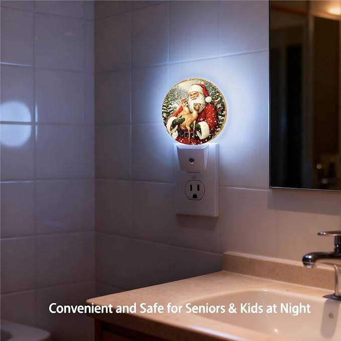 Plug-in Festive Christmas Scene Night Light Santa Claus with Deer Nightlight with Dusk to Dawn Sensor, Auto On/Off 0.5W Energy-Saving LED Lighting for Men Women Boys Girls Gift
