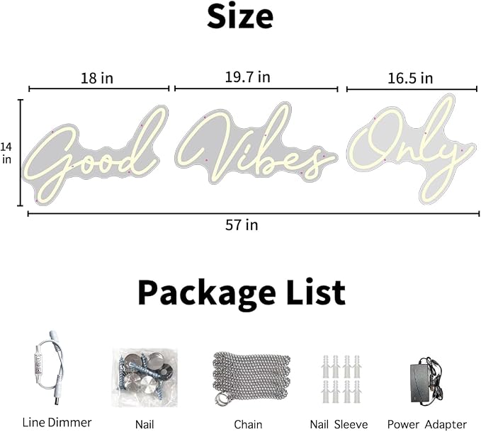 Super Large Good Vibes Only Neon Signs, Dimmable Good Vibes Only Neon Light Signs with ON/OFF Switch, LED Light Up Signs for Home Gym Decor Hair Background Bar Rooms Engagement Birthday Party, Warm White