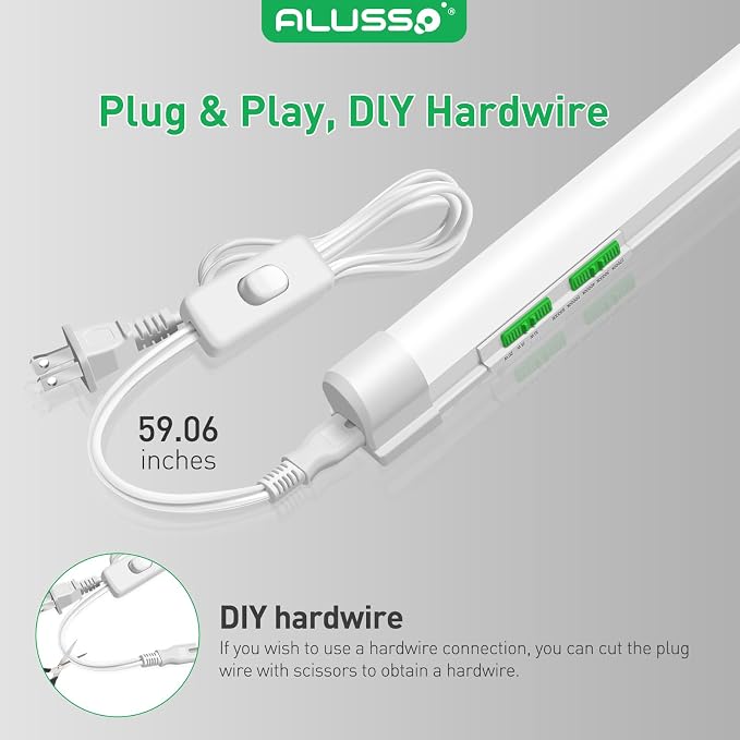 ALUSSO 4FT LED Shop Lights with 5CCT Selectable–2100LM T8 Integrated Fixture, 10 Pack, 2700K-6500K Adjustable Color Temperature, Corded Electric with On/Off Switch for Garage/Workshop