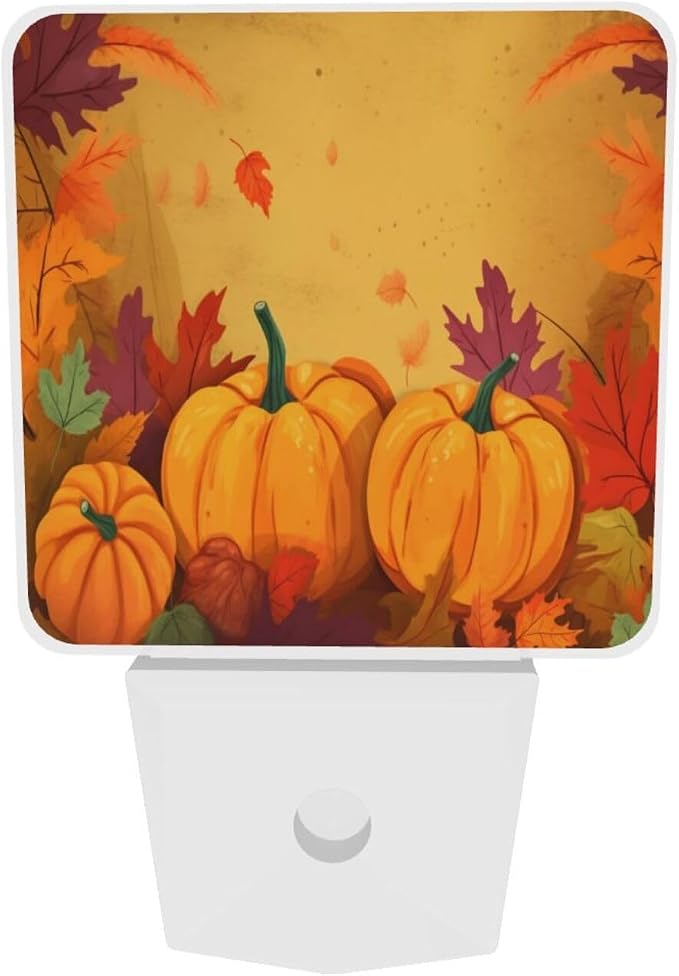 Sunflowers Pumpkins LED Plug-in Night Light 2-Pack, Auto Sensor Emergency Fall Leaf Thanksgiving Nightlights Set of 2 for Dawn Bedroom Kitchen/Dusk Bathroom/Night Stairs Hallway Toilet