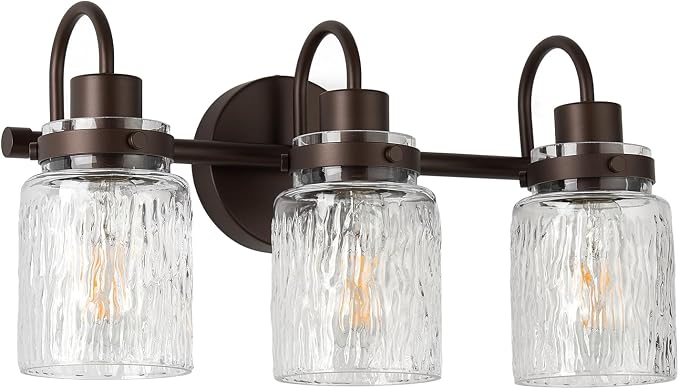 3 Lights Hammered Glass Bathroom Vanity Light, Oil Rubbed Bronze | Easy Installation,Up or Down,Farmhouse Modern Style,E26 Socket,ETL Certification