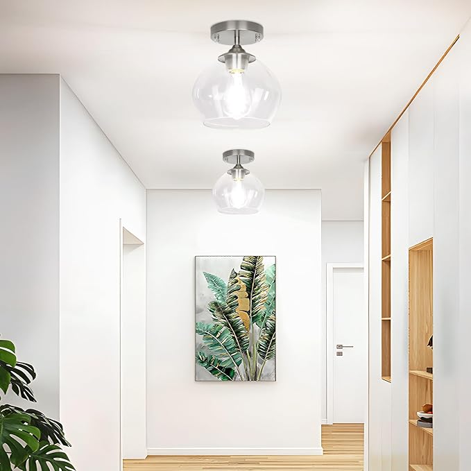 Modern Semi Flush Mount Ceiling Light Fixture, Brushed Nickel | Clear Glass Shade, Quick & Easy Installation, Premium Quality, Perfect for Hallway Kitchen Entryway Laundry