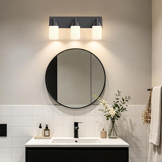 Bathroom Light Fixtures, Matte Black Bathroom Lighting Fixtures Over Mirror, Modern Vanity Light with White Glass Shade, Restroom Lighting Fixtures, 3-Light 22-inch