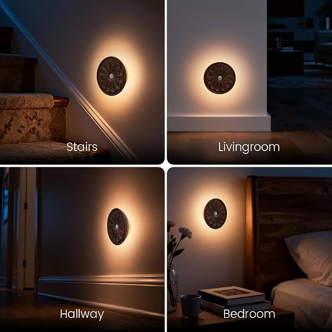 Wood Flower Night Light, Rechargeable Motion Sensor Light | 3D Flower Surface, USB-C Rechargeable, Backlit Warm Light, Magnetic Light for Stair, Home Decor Lighting, Black Walnut