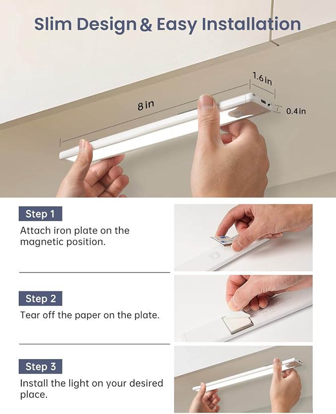 Under Cabinet Lighting, 5 Pack 8 Inch 41 LED Motion Sensor Lights, Rechargeable Battery Operated Closet Light, Wireless Magnetic Dimmable 6500K Daylight White Under Counter Lights for Kitchen