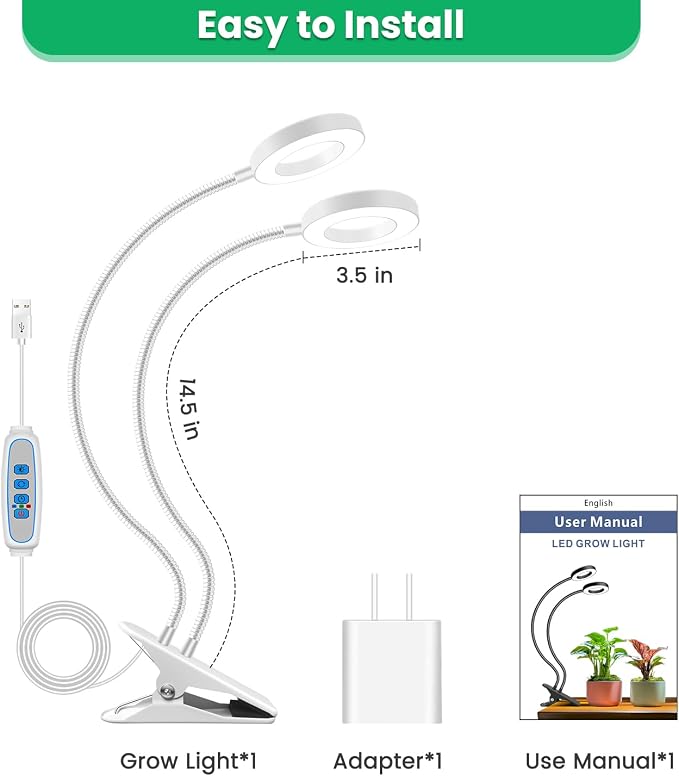 Wiaxulay Clip Grow Lights for Indoor Plants, 3.5in Full Spectrum 2 Heads | 96 LEDs Halo Plant Light 6000K+660nm, 360° Gooseneck Clip, 6/12/16H Timer, 5 Brightness,1 Pack for Seed Starting Hydroponics