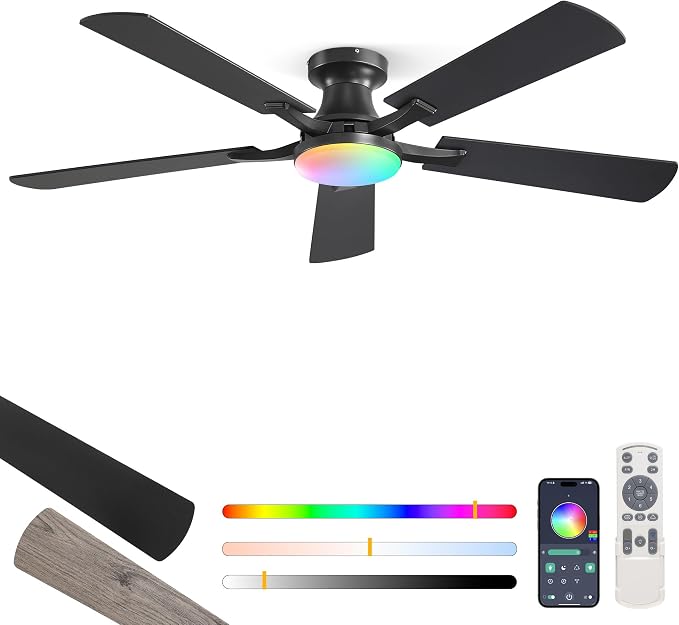 ZMISHIBO 60 Inch RGB Ceiling Fan with Light, Remote&App Control,Flush Mount | Low Profile, Dimmable 20W LED Light, Quiet Reversible Motor, Strong Airflow, Easy Install for Bedroom/Living Room/Apt, Black