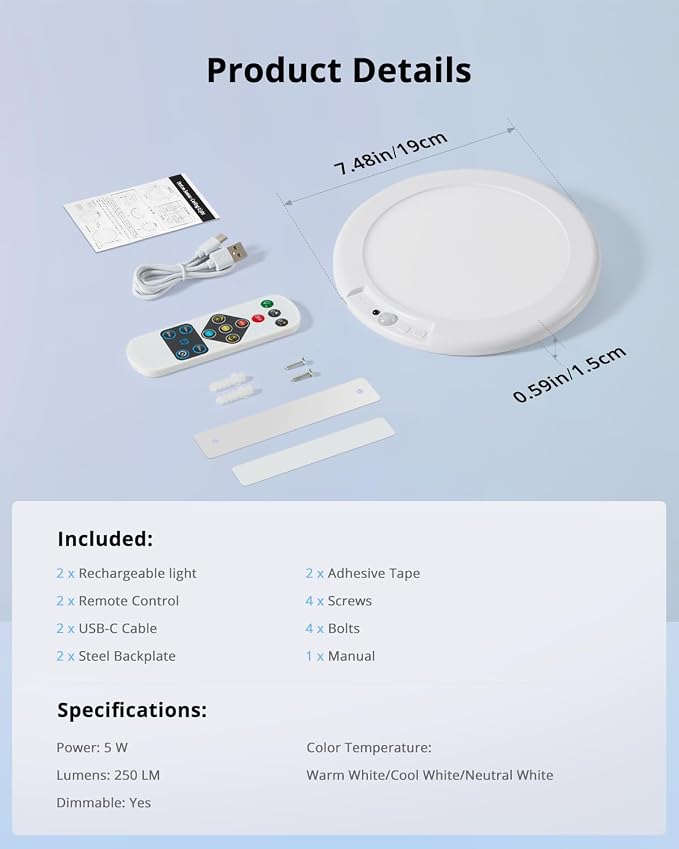 Rechargeable Motion Sensor Ceiling Light with Remote Wireless, 60 Days Battery Powered Shower Lamp Magnetic Dimming Timing Stick on Cordless Lighting for Closet Pantry without Electricity 2Pack