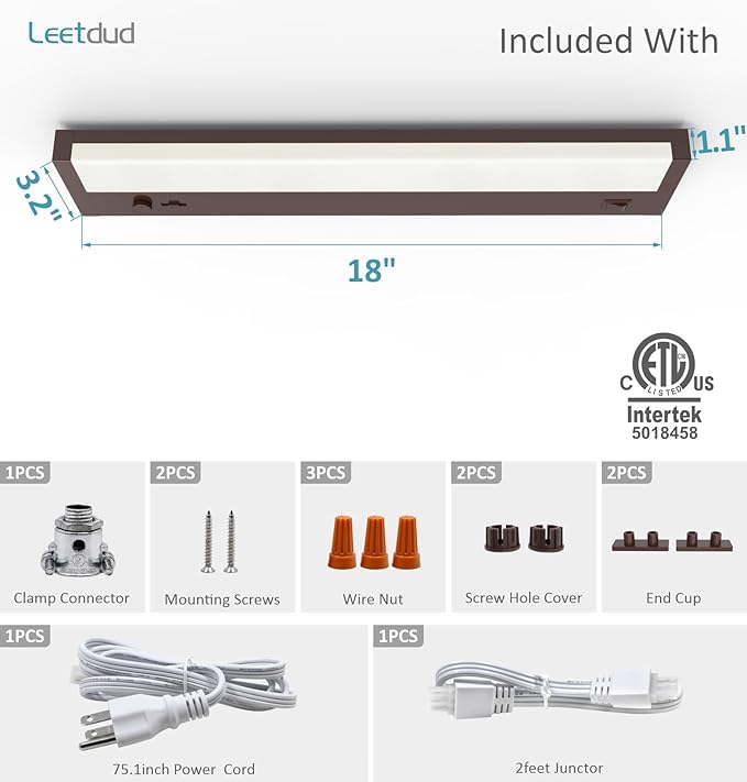 Under Cabinet Lighting Plug in or Hardwired Built-in Dimmer, 18 Inch 9W, 5CCT 2700/3000/3500/4000/5000K, Linkable Counter Lights for Kitchen, ETL Dimmable LED Light Fixture, Bronze