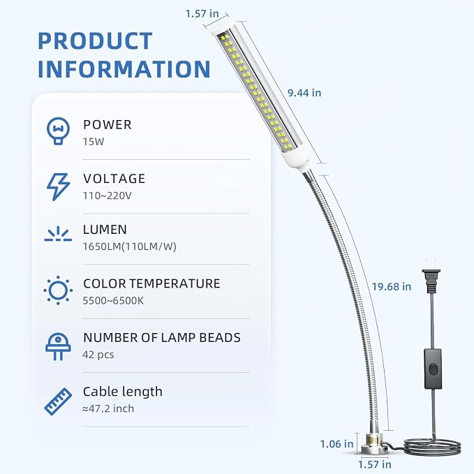 LED Magnetic Work Light, 15W high Brightness,Flexible Gooseneck lamp with Strong Magnetic Base for Lathe Milling Drill Press Industrial 1500lums Lighting 110-230V