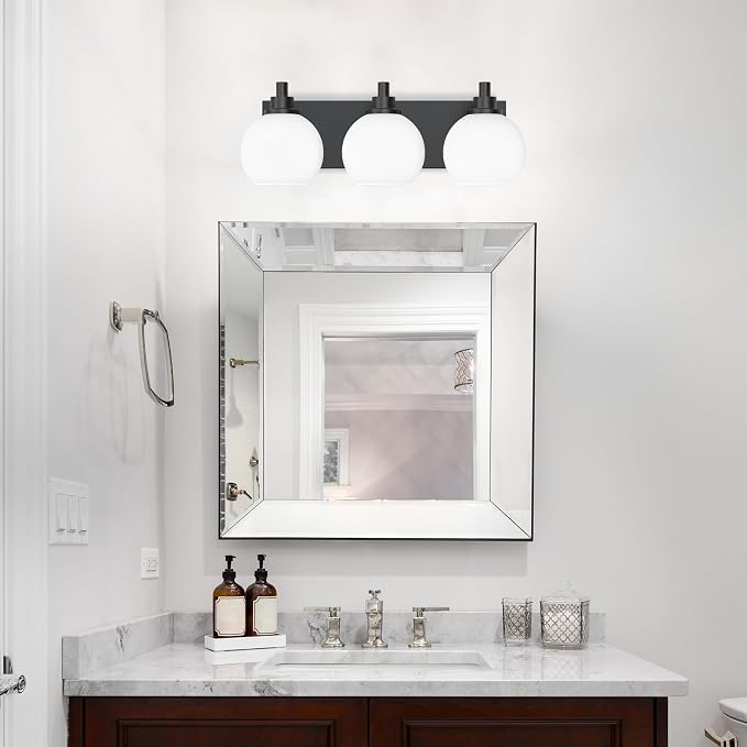 IZORRO Bathroom Light Fixtures, 3-Light Matte Black Vanity Light, Modern Wall Sconces with Globe Milk White Glass Shade, Vanity Lighting Fixtures Over Mirror,E26 Bulb Socket