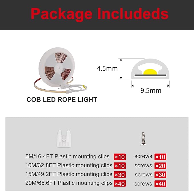 ETL COB LED Rope Light IP65 AC 120V 49.2FT 1200lm Ultra Bright 6500K White | IP65 Waterproof ETL Light Strip No Driver Tape Lighting for Home Commercial LED Strip Light 6500K Cool White (16.4FT+32.8FT)