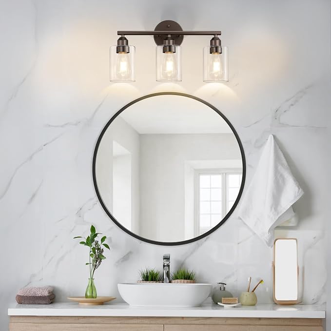 3-Light Bathroom Vanity Light, Clear Glass & Brown,17.3" | Modern Wall Lamp, For Mirror