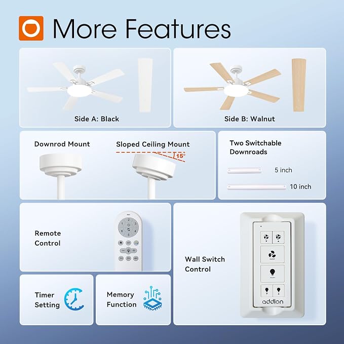addlon 52 Inch Ceiling Fans with Lights and Remote Control, Wall Switch | Reversible DC motor, 6-speed, Timer, 3CCT Dimmable, Quiet, White Ceiling Fan for Bedroom, Living Room, Indoor/Outdoor Use