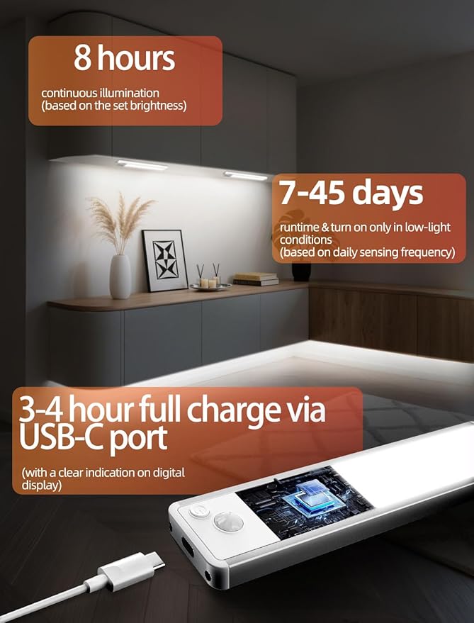 Under Cabinet Rechargeable Lighting: 8 Inch Motion Sensor Dimmable Lights Indoor - Battery Operated Lights - Wireless Closet Light Magnetic Led Light for Kitchen Home Bathroom Counter 4 Pack