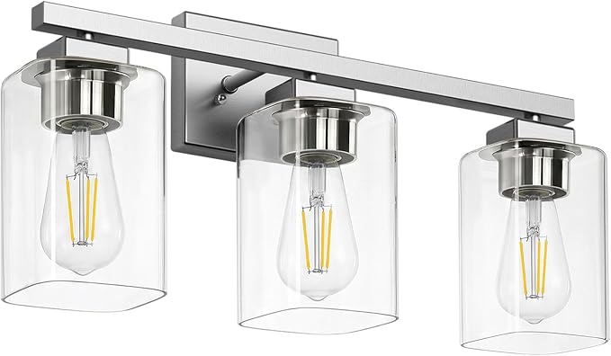 19” Bathroom Light Fixtures, 3-Light Vanity Light Brushed Nickel | Square Clear Glass & Durable Metal, Quick & Easy Installation, Standard E26 Socket, Bright Bathroom Lighting