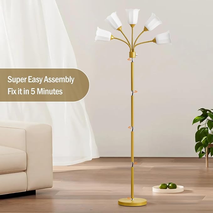 Medusa Floor Lamp, Multi Head Modern Tall Lamp with Adjustable Gooseneck Standing Gold Lamps for Living Room Kids Room&Bedroom-5 White Lampshades-Bulb Not Included