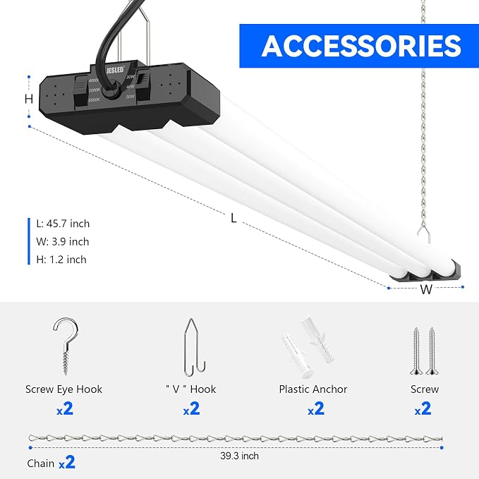 JESLED LED Shop Lights 4FT 7500LM, 3CCT & 3 Wattage Adjustable, ETL | 3CCT 4000K, 5000K & 6500K, 30W/40W/50W Selectable, Linkable for Garages & Workshops, Ceiling or Hanging Mount, 4 Pack