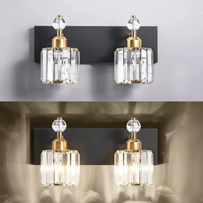 PRESDE 2-Crystal Bathroom Vanity Light Modern Black and Gold Bathroom Lights Fixtures Over Mirror Modern Bath Wall Lighting